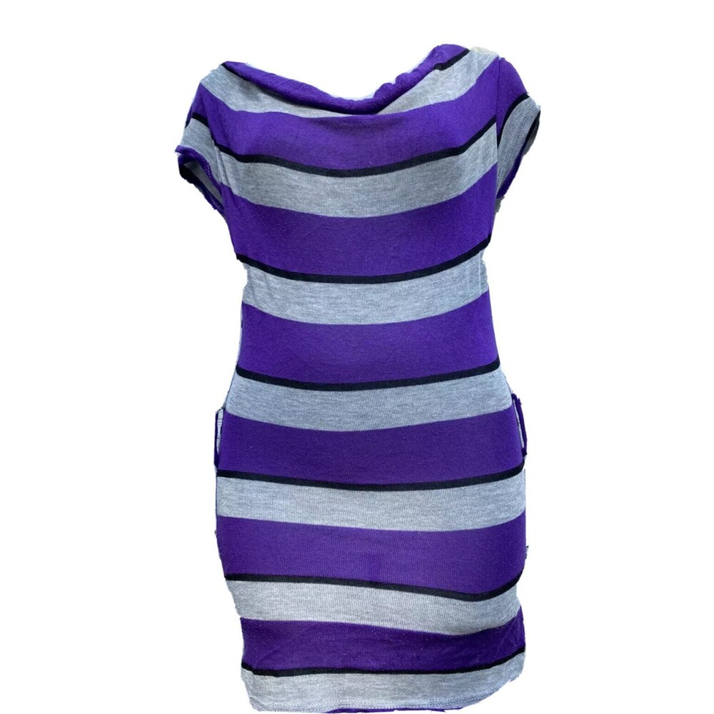 DEB Purple Gray Stripe Cowl Neck Short Sleeve Sweater Knit Shirt Jrs Size Large